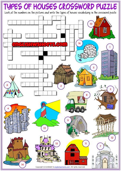 Types of Houses ESL Printable Crossword Puzzle Worksheet