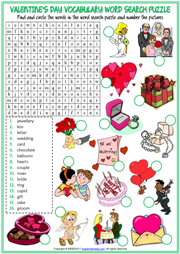 Valentine's Day ESL Word Search Puzzle Worksheet