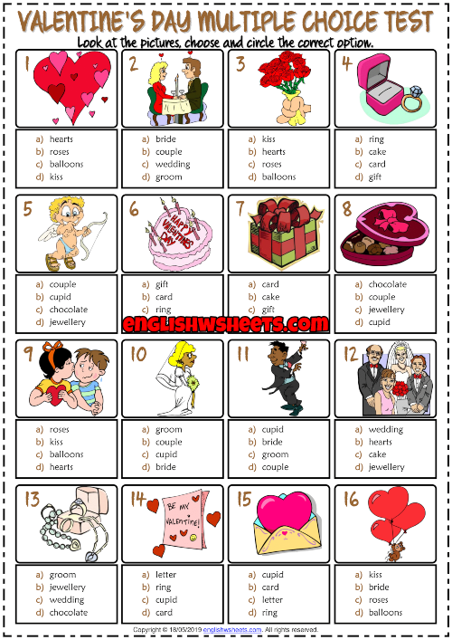 Valentine's Day ESL Printable Multiple Choice Test For Kids