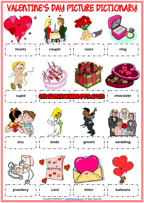 Valentine's Day ESL Picture Dictionary Worksheet For Kids
