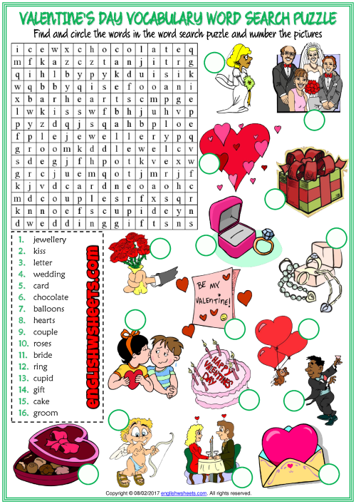 Download Valentine's Day ESL Word Search Puzzle Worksheet
