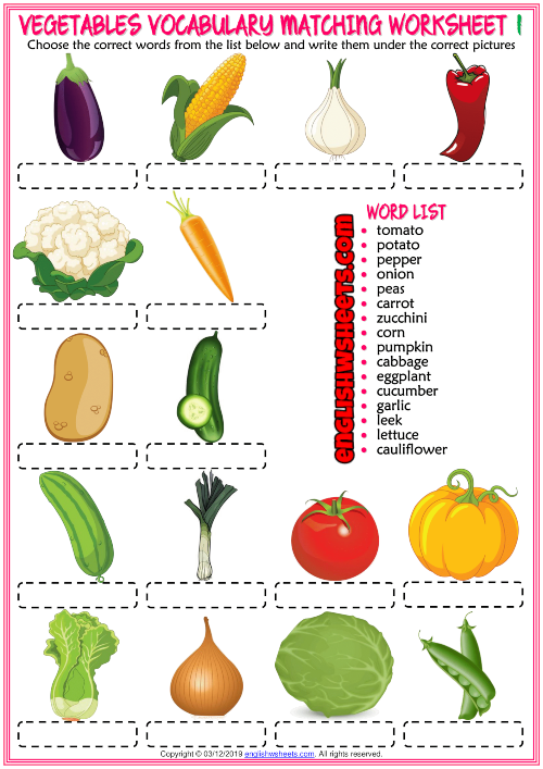Vegetables Vocabulary ESL Matching Exercise Worksheets