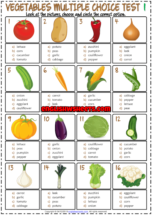 Vegetables ESL Printable Multiple Choice Tests For Kids
