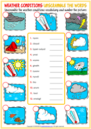 Weather Conditions ESL Unscramble the Words Worksheet