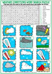 Weather Conditions ESL Word Search Puzzle Worksheet