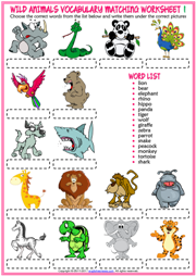 Wild Animals ESL Vocabulary Matching Exercise Worksheets