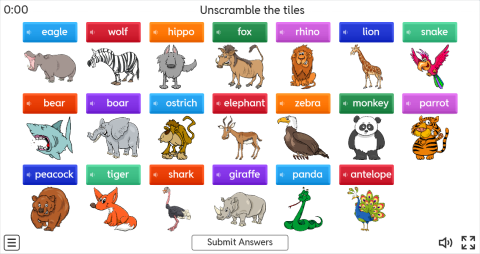 Wild Animals ESL Interactive Unscramble Worksheet