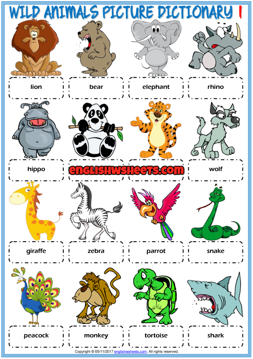 Wild Animals ESL Printable Picture Dictionary For Kids