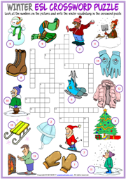 Winter ESL Printable Crossword Puzzle Worksheet For Kids