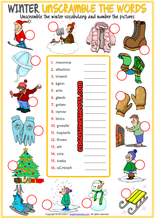 Winter ESL Printable Unscramble the Words Worksheet
