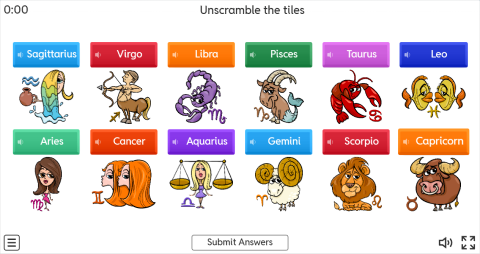 Zodiac Signs ESL Interactive Unscramble Worksheet