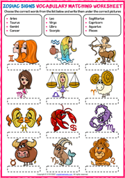 Zodiac Signs ESL Vocabulary Matching Exercise Worksheet