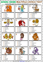 Zodiac Signs ESL Printable Multiple Choice Test For Kids