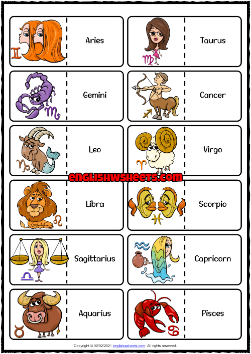 Zodiac Signs ESL Printable Dominoes Game For Kids