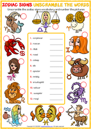Zodiac Signs ESL Printable Unscramble the Words Worksheet