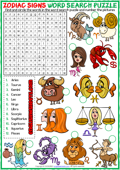 Zodiac Signs ESL Printable Word Search Puzzle Worksheet